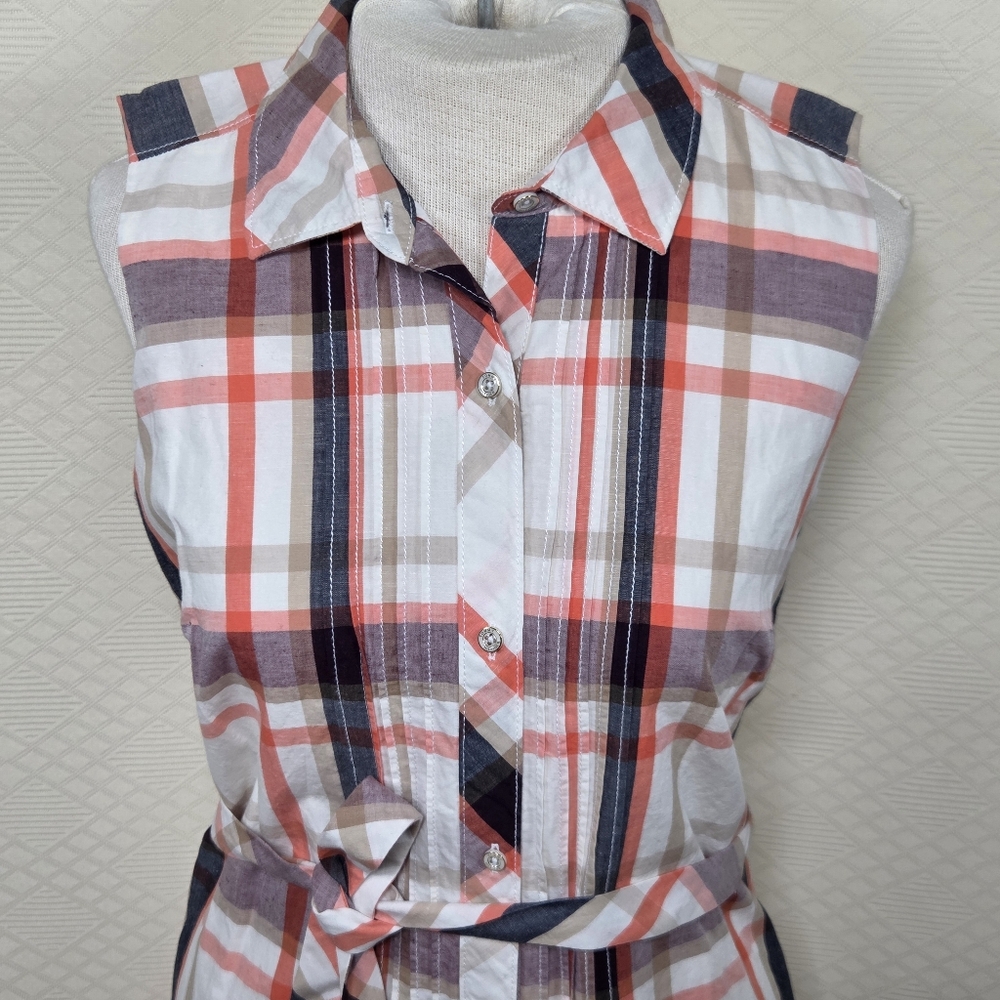 Tommy Hilfiger Sleeveless Button Up Belted Plaid Dress Size-M - Picture 4 of 13